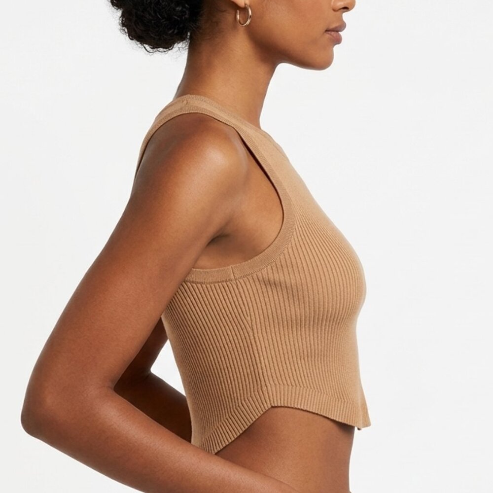 Zara Tan Ribbed High Neck Halter Knit Crop Top Minimalist Neutral Small